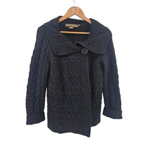 Inis Crafts Cardigan Women Medium Black Merino Wool Cable Knit Aran Irish Jacket